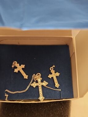 Avon Silver-Tone Cross Necklace and Earring Set